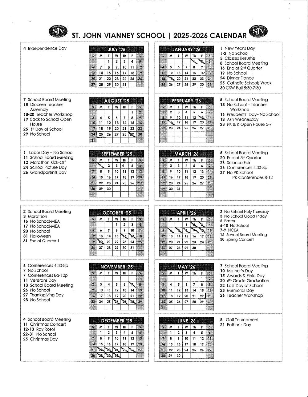 SJVS School Calendar 2025-26